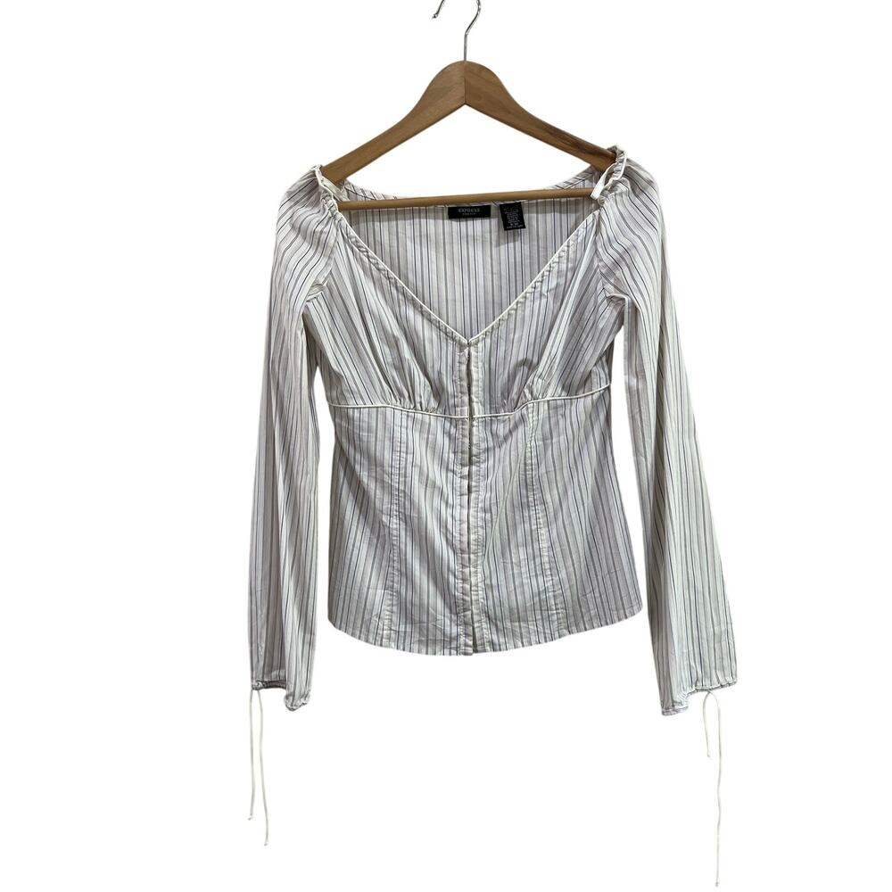Express Y2K White Stripe Ruched Stretch Long Sleeve Top Size 9/10